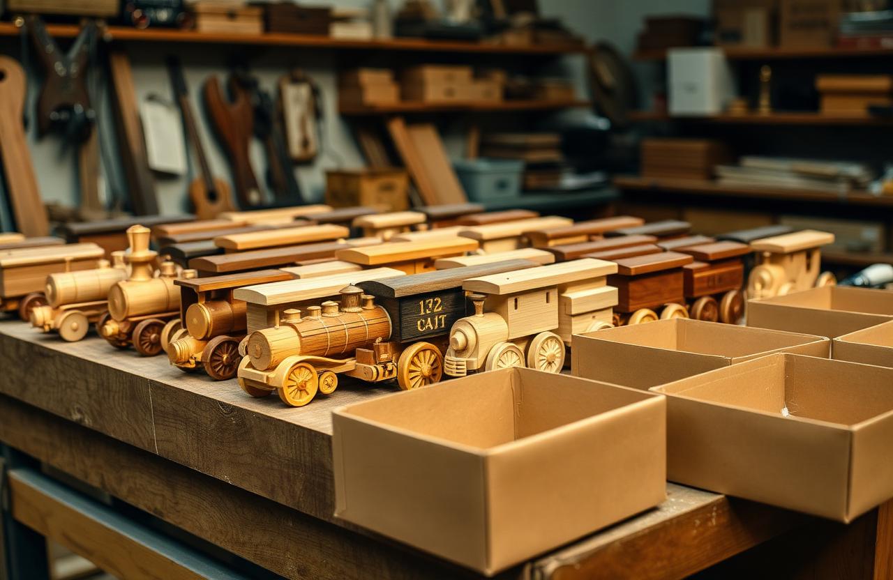 Finished wooden toy trains lined up for inspection and packaging