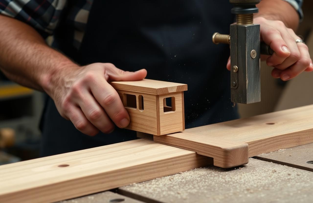A craftsman cutting hardwood blanks for a toy train body