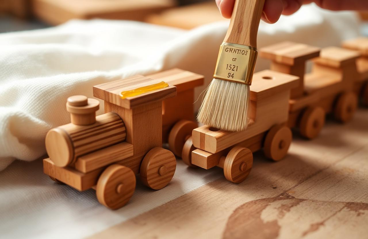 Brush applying food-safe beeswax finish to a wooden toy train
