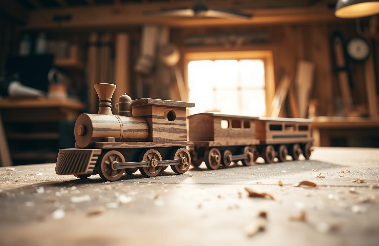 A handcrafted wooden toy train resting on a workbench in a sunlit workshop