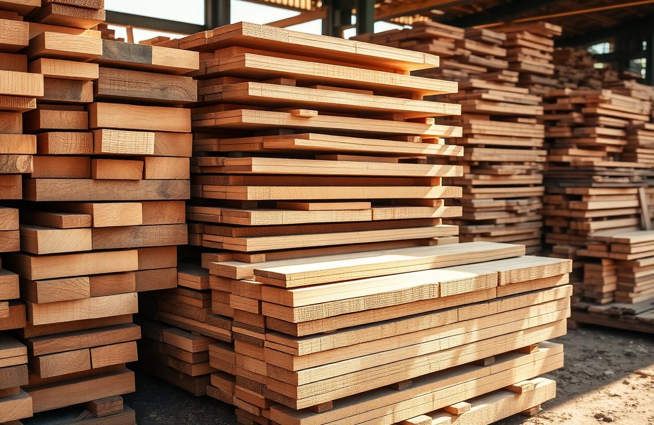 Stacks of kiln-dried hardwood lumber in a timber yard