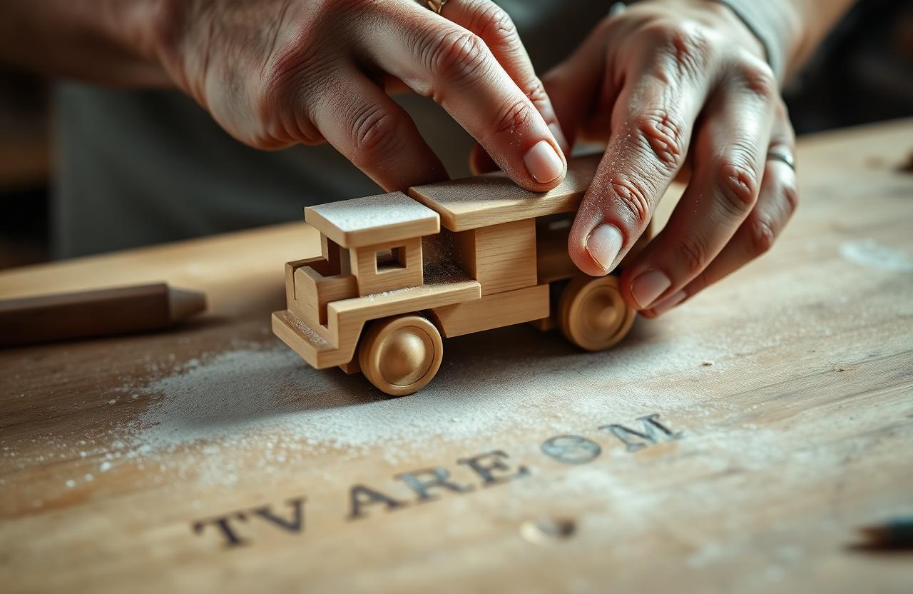 Hands sanding a small wooden toy train to a satin-smooth finish