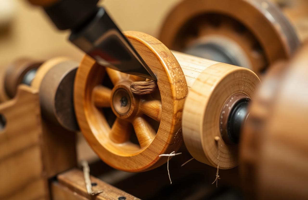 Wooden train wheels being turned on a lathe with a sharp chisel