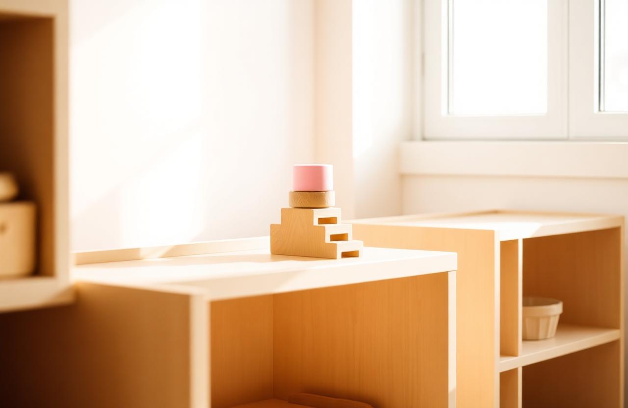 A Montessori pink tower and brown stair on a sunlit wooden shelf
