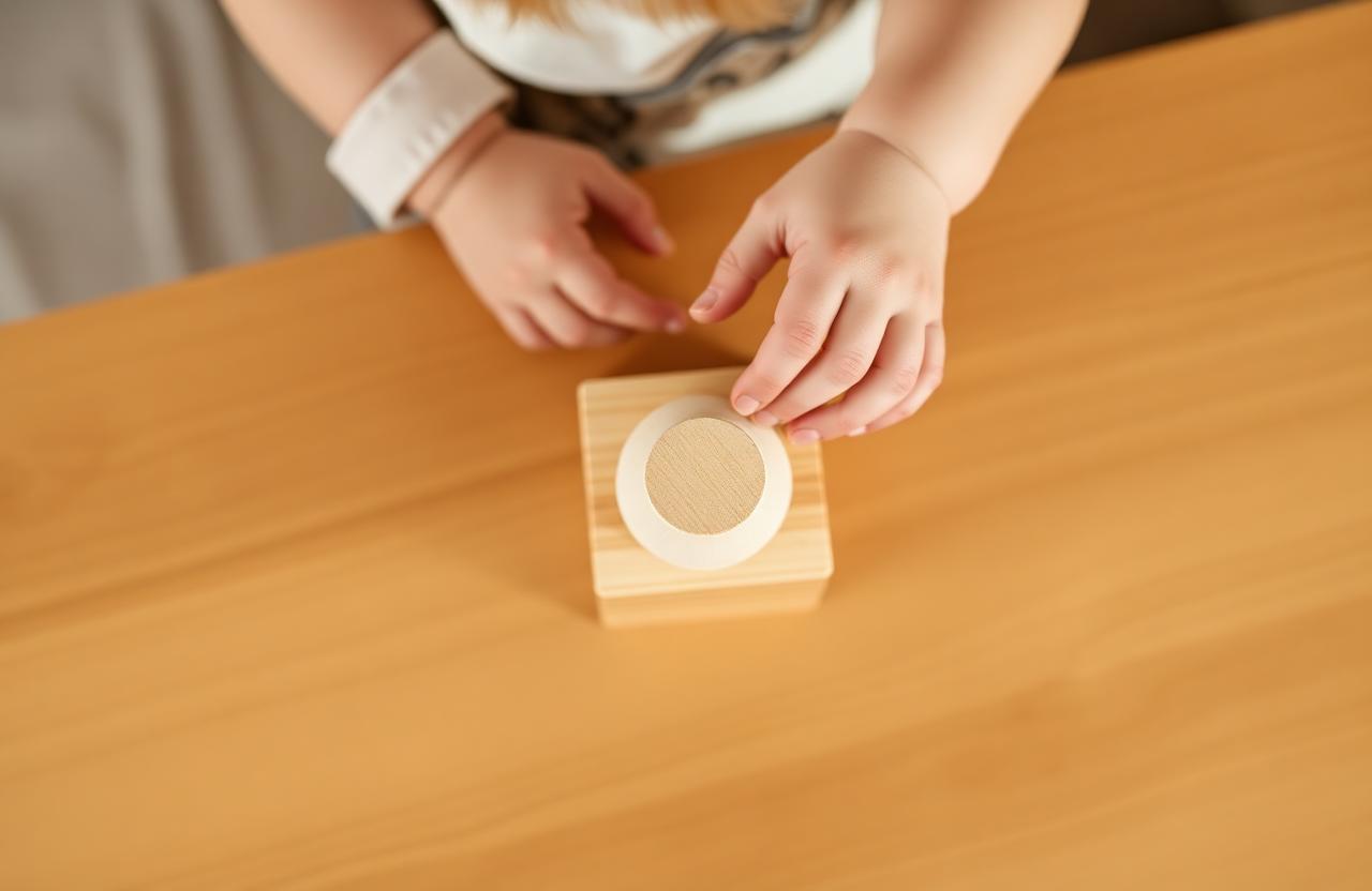 A toddler's hands placing a wooden cylinder into a Montessori knob block