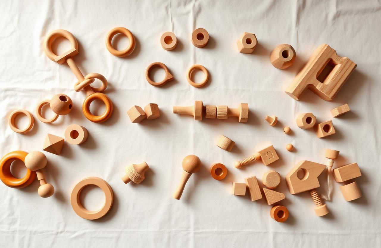 A flat lay of wooden toys arranged by developmental age
