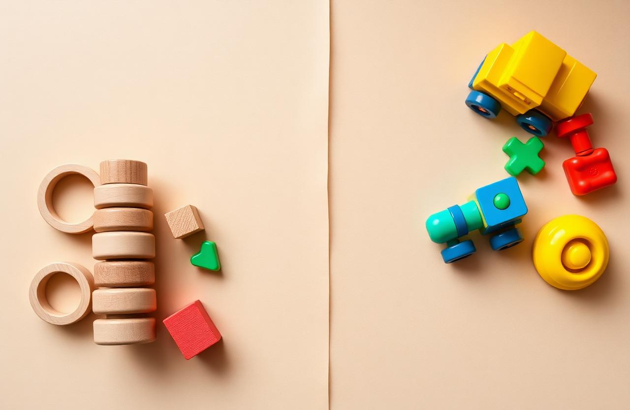 Flat lay comparing natural wooden toys with brightly coloured plastic toys