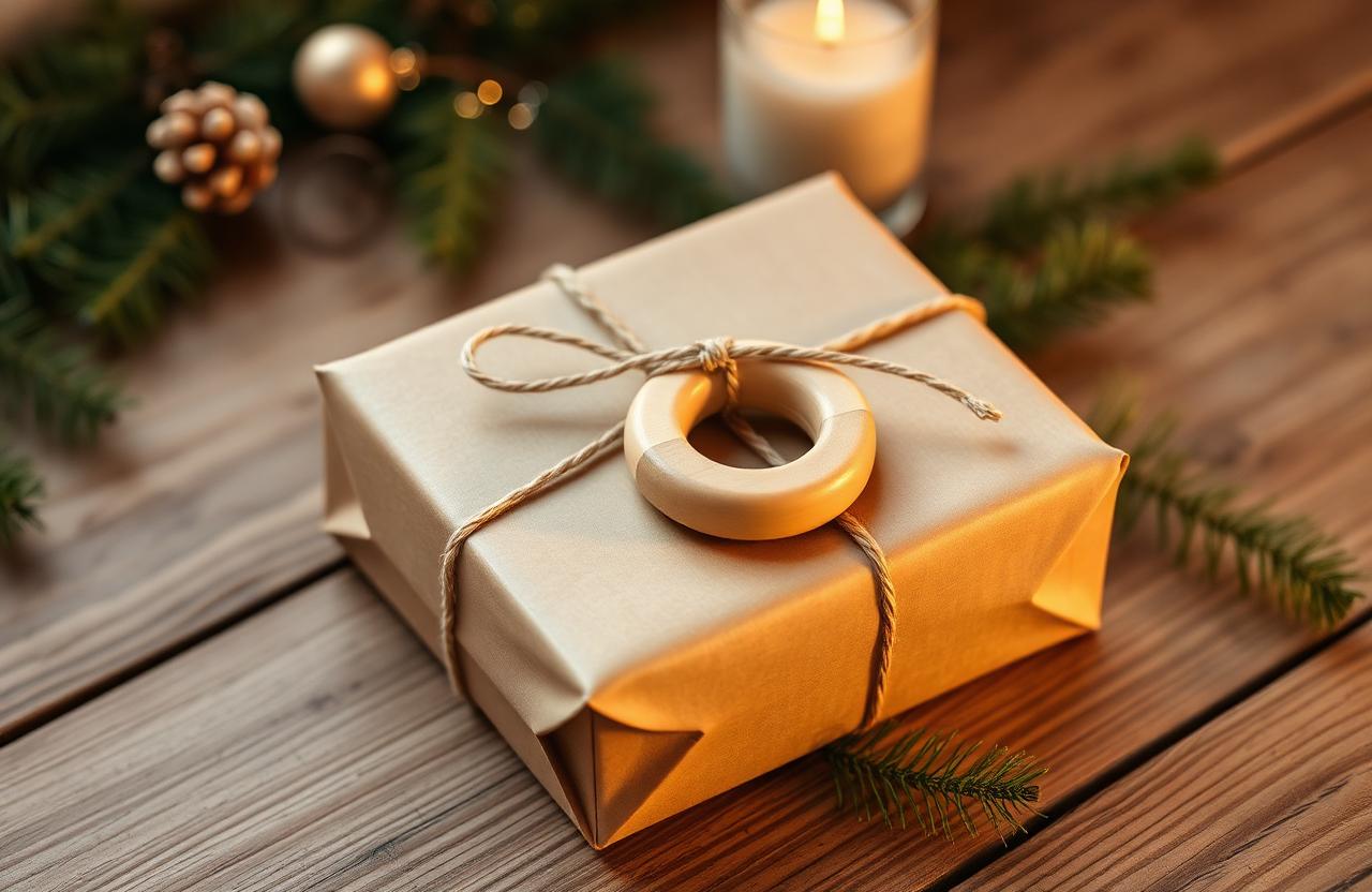A handcrafted wooden toy gift wrapped in kraft paper and natural twine