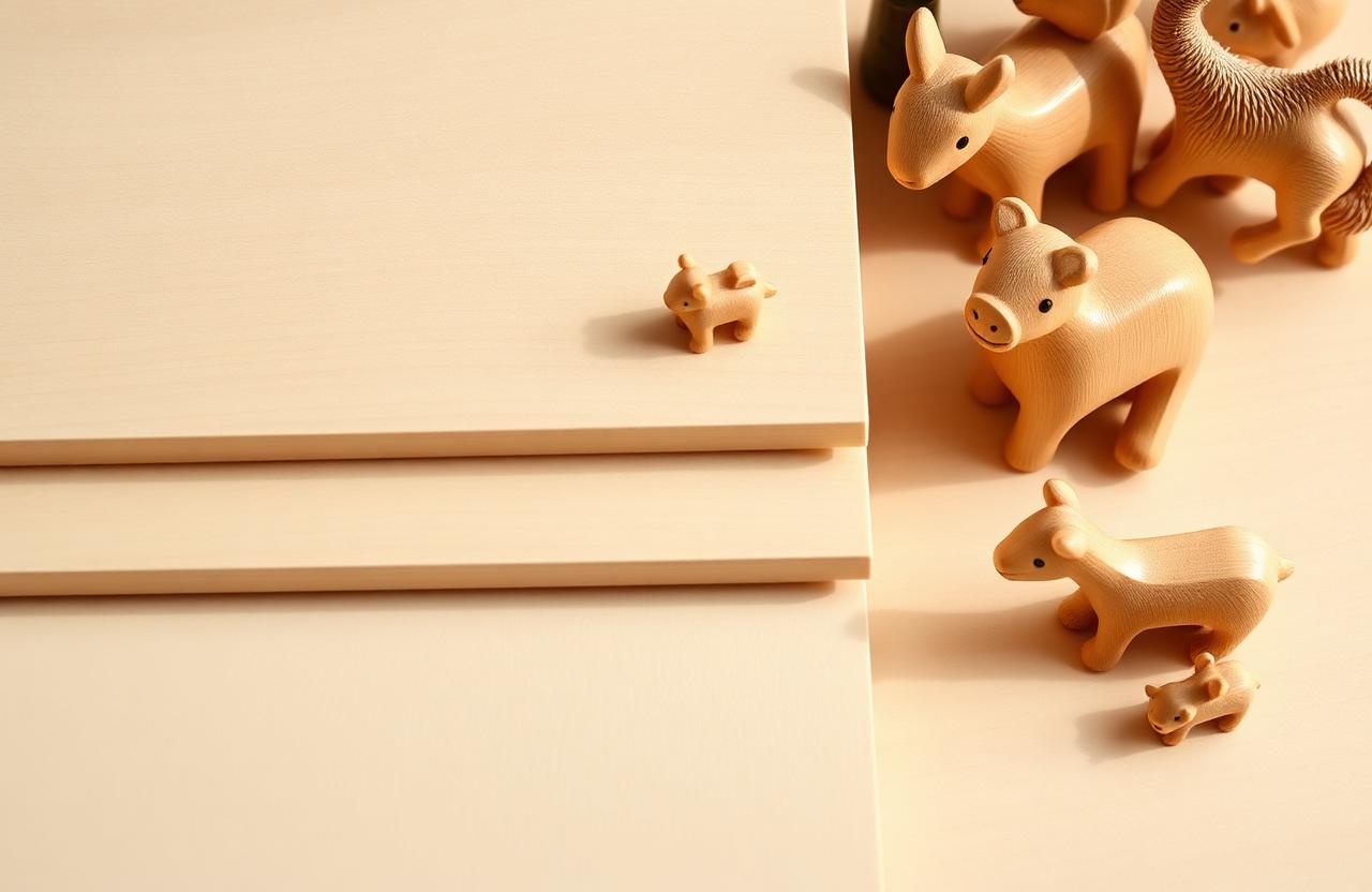 Pale basswood boards beside hand-carved basswood toy animals