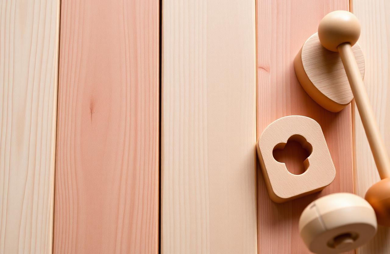 Warm pinkish-tan beech boards beside a beech shape sorter and pull toy