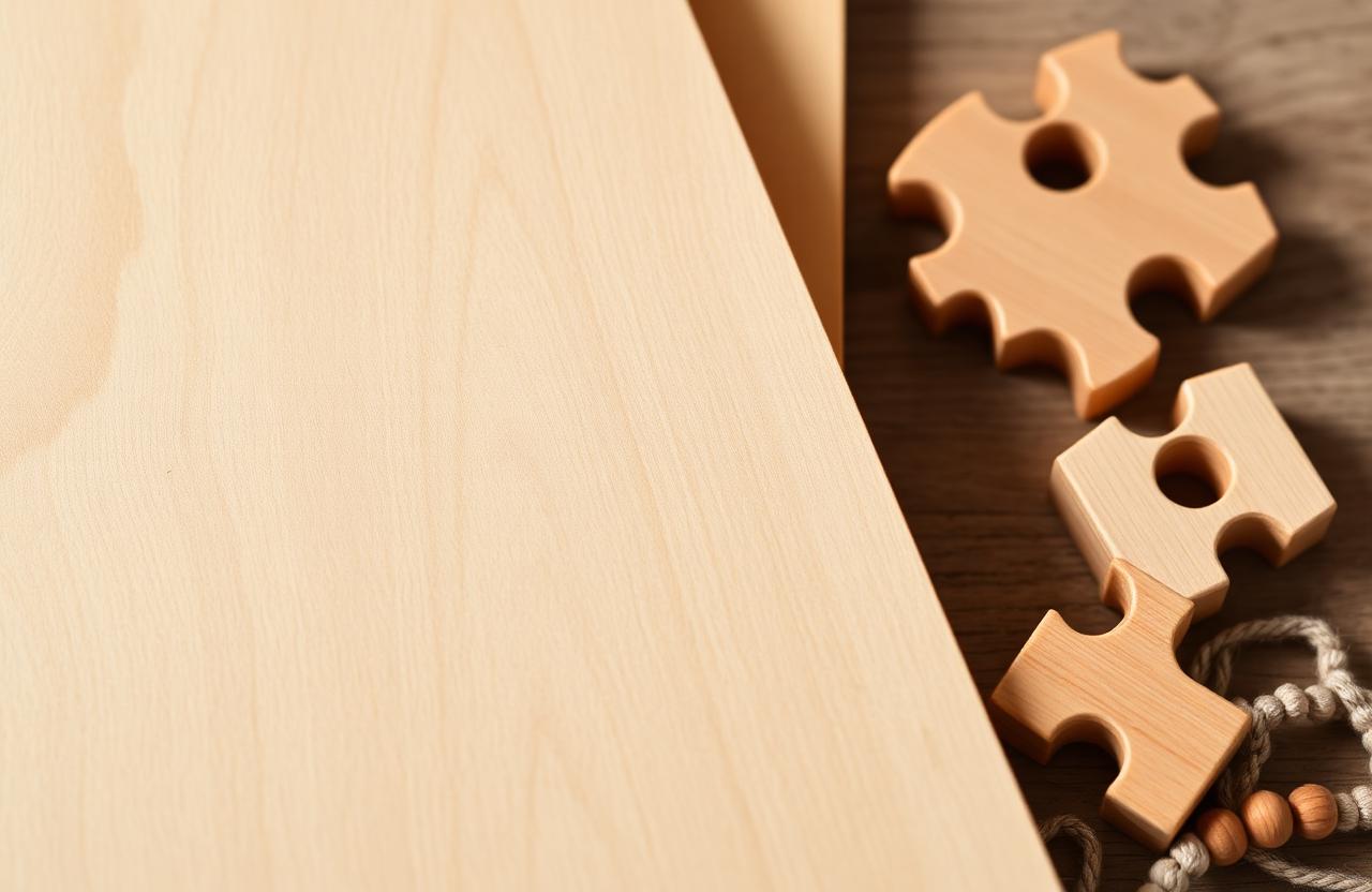 Light golden birch board beside a birch wooden puzzle and beads