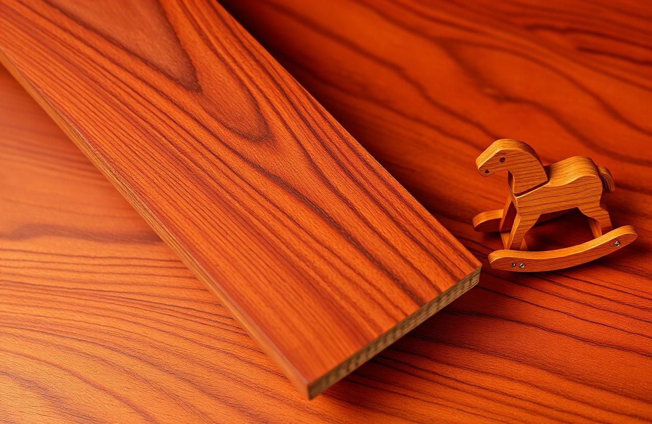 Reddish-brown cherry plank beside a small cherry rocking horse