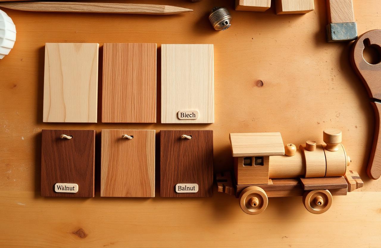 Flat lay of six hardwood samples beside a finished wooden toy train