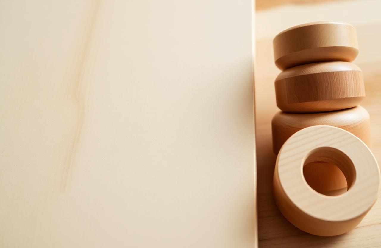 Pale creamy hard maple boards beside maple wooden stacking rings