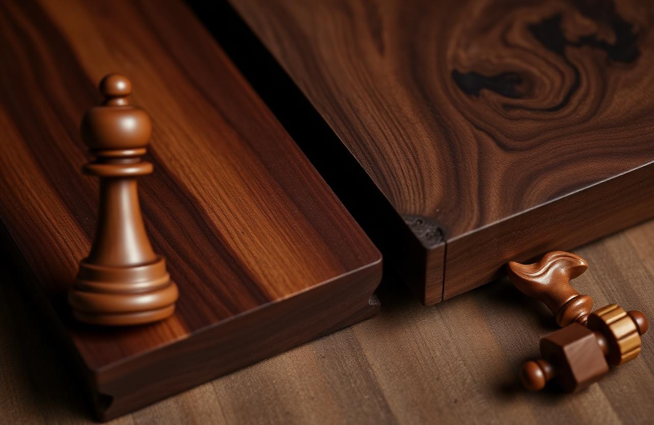 Dark walnut board beside a turned walnut chess piece