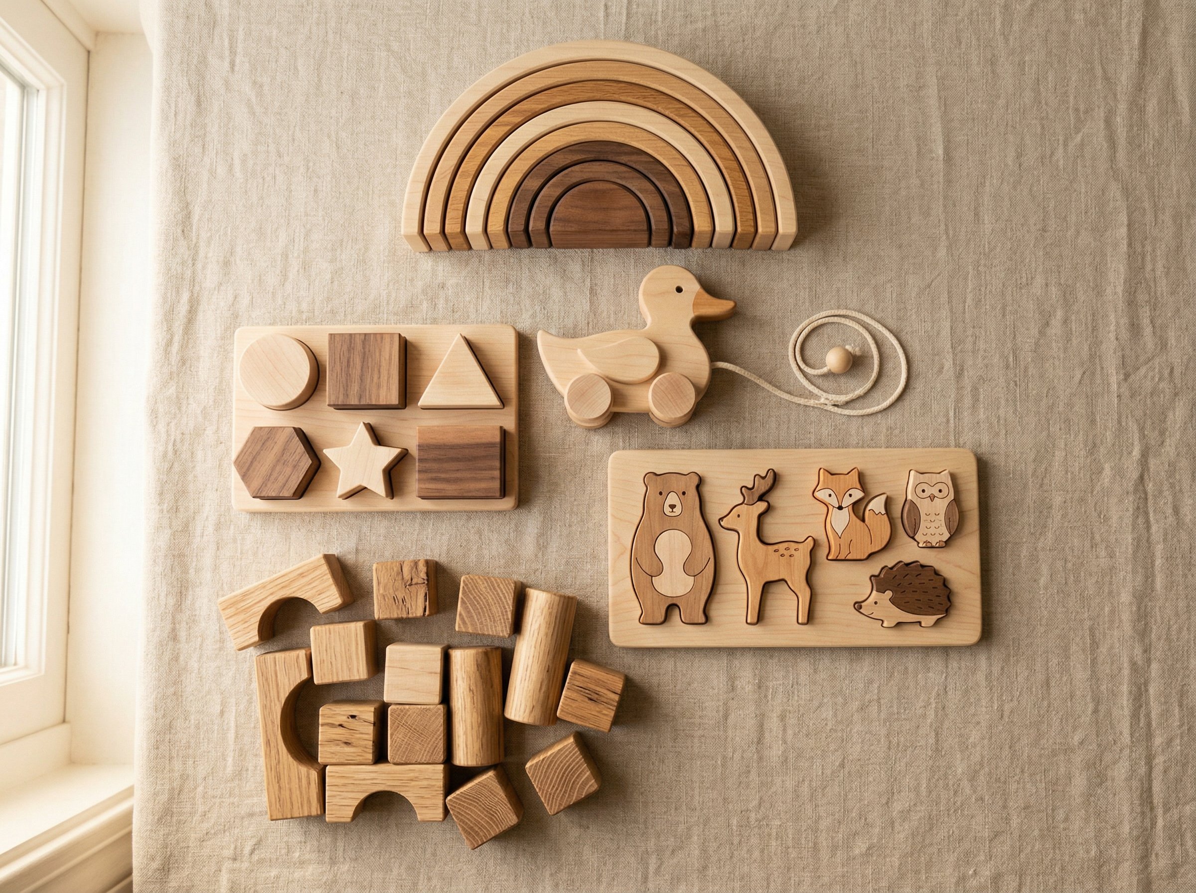 A collection of St. Jacobs handcrafted wooden toys