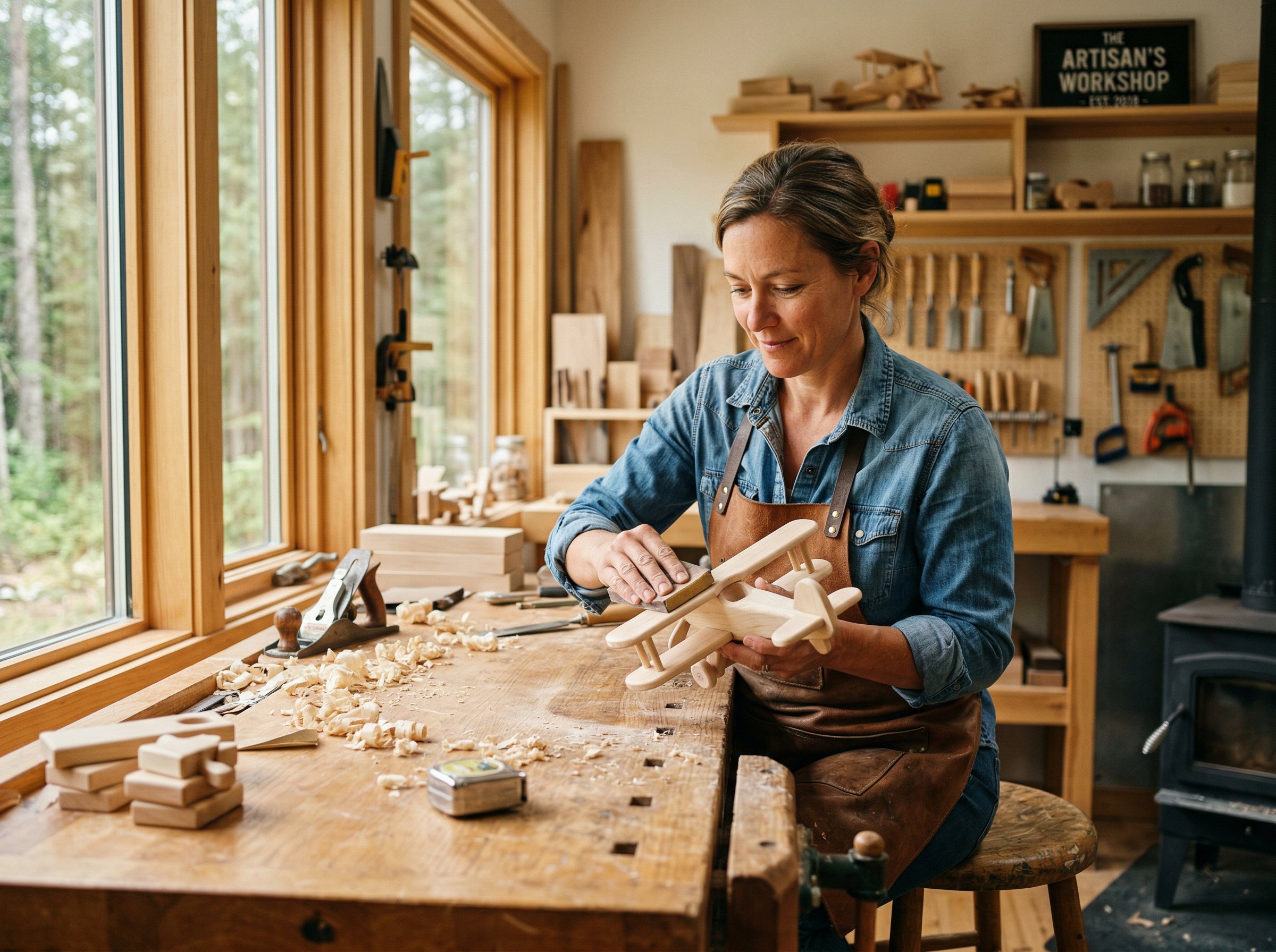 Artisan crafting a wooden toy in the St. Jacobs workshop
